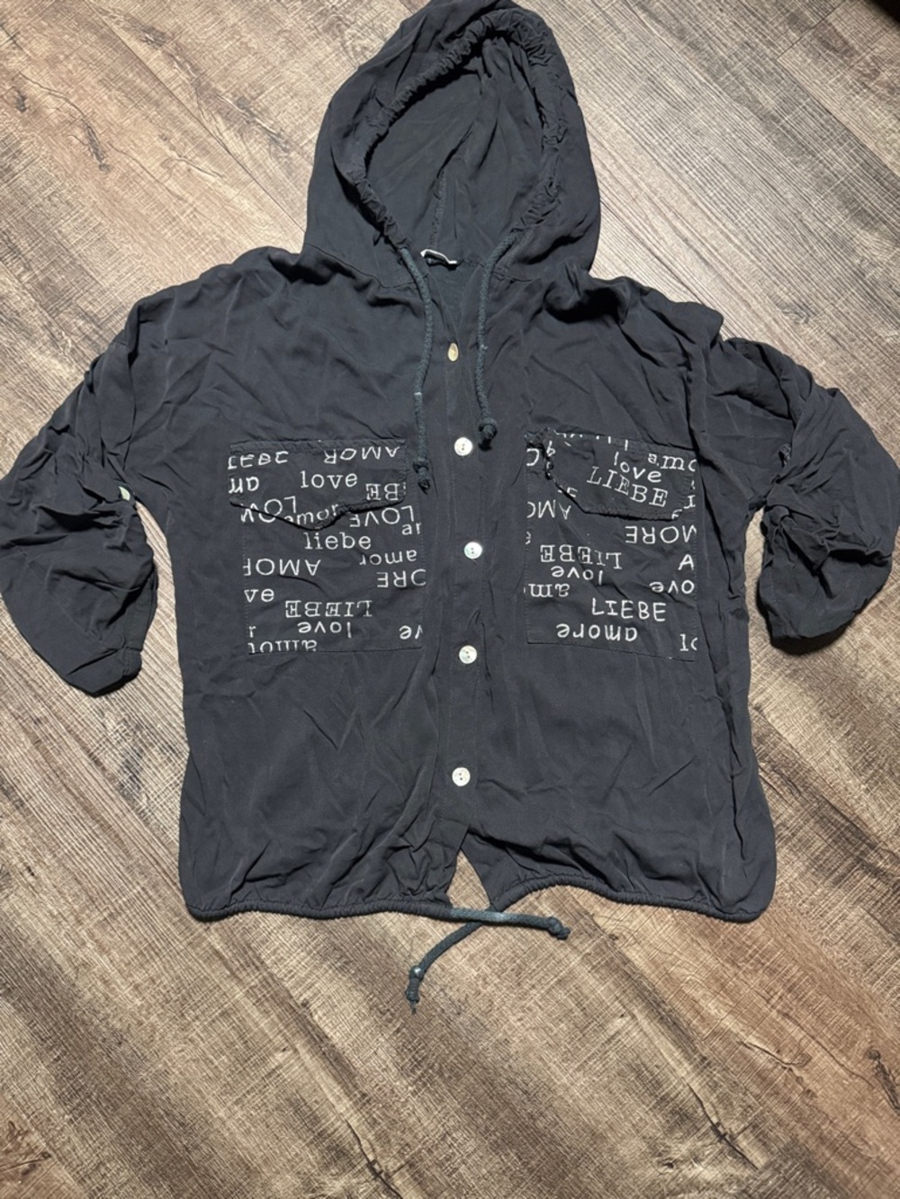 Women's Black Hooded Button-Front Sweater with Printed Pockets